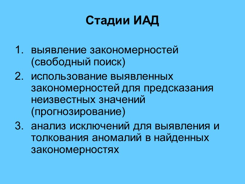 Стадии ИАД выявление закономерностей (свободный поиск)  использование выявленных закономерностей для предсказания неизвестных значений